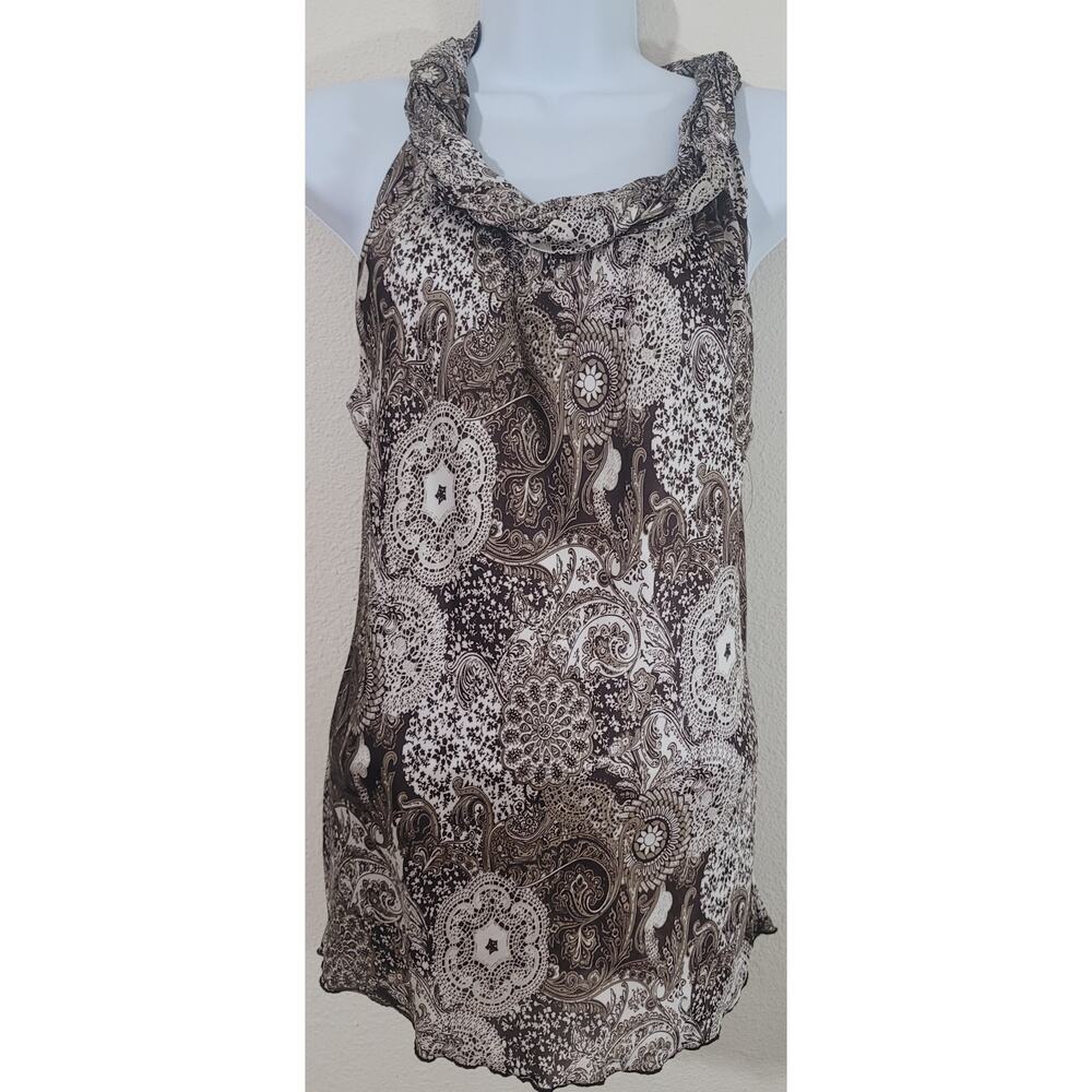 Dressbarn Brown White Floral Print Rolled Collar Sleeveless Shirt Medium Flowy